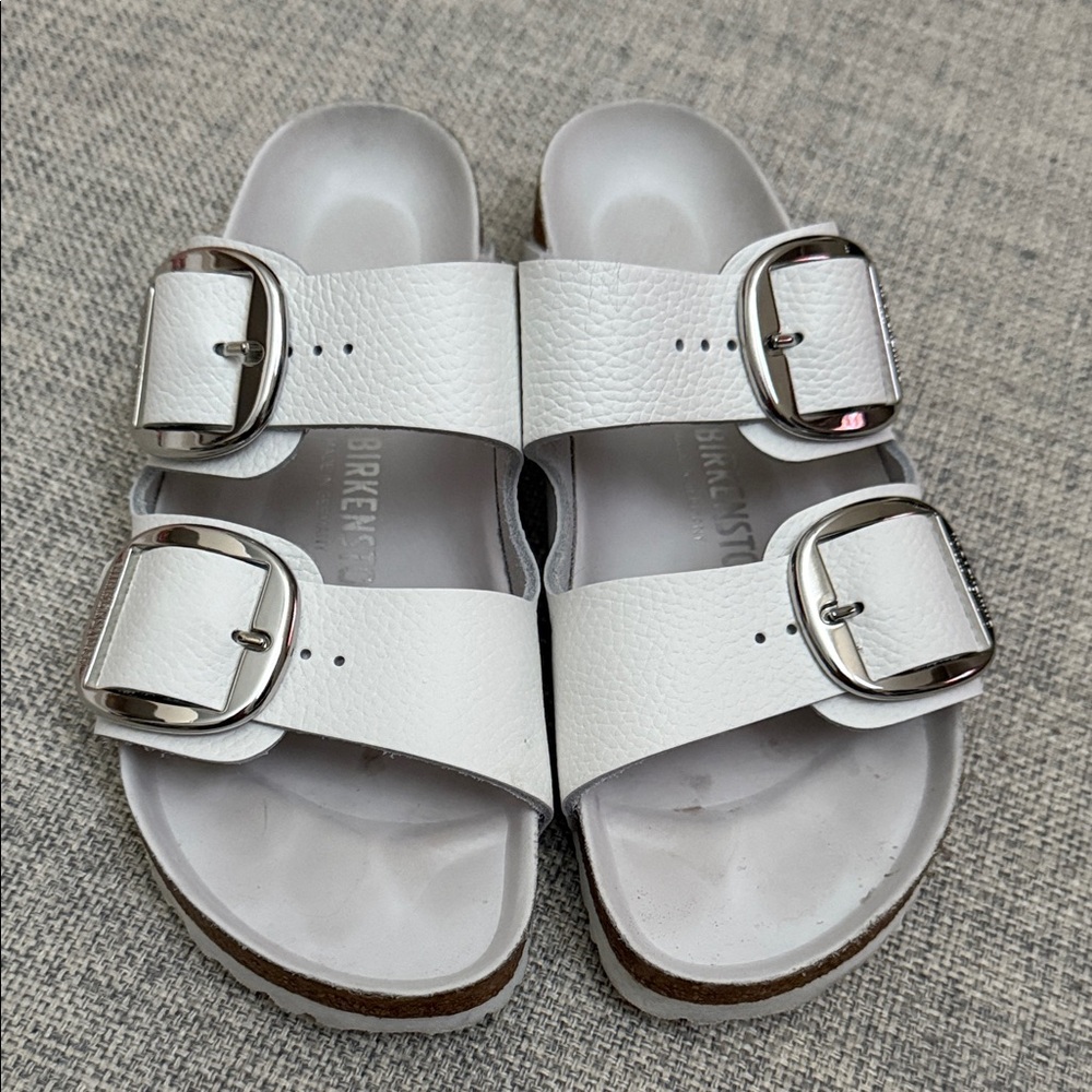 Arizona Big Buckle Birkenstocks- White Leather with Metallic Buckles